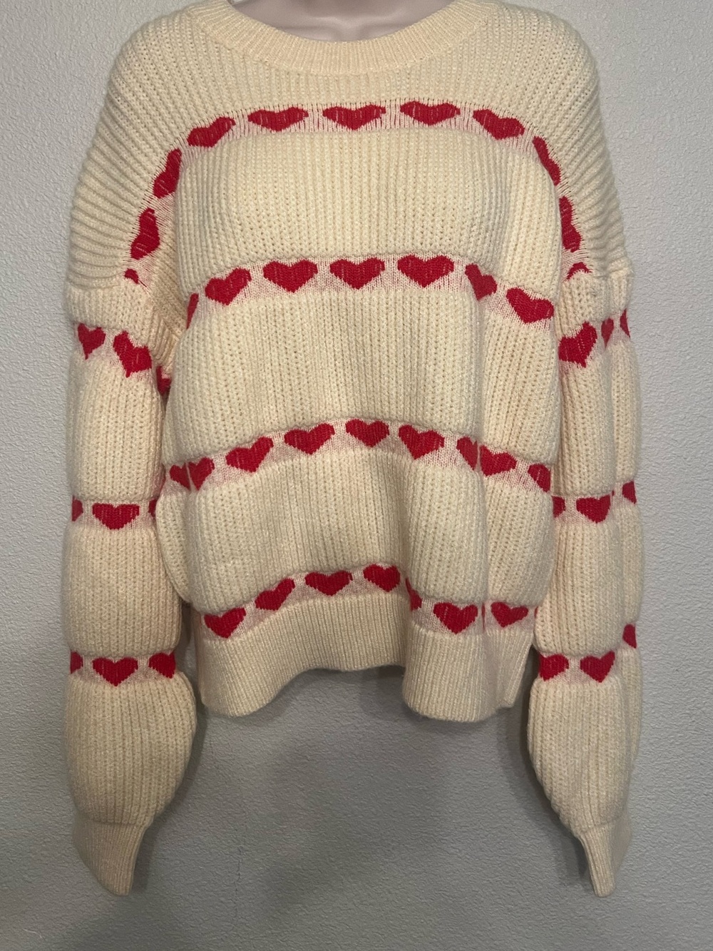 Cider Cream Crewneck Sweater with Red Heart Stripes